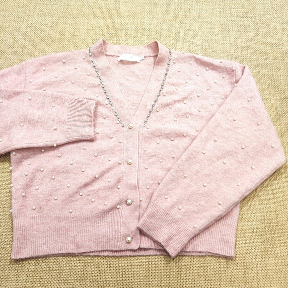 ASTR The Label Women's Faux Pearl & Rhinestones Embellished Cardigan Pink XL EUC - Picture 3 of 7